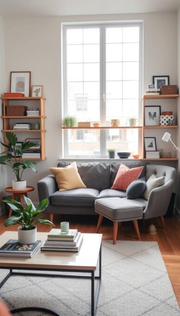 A small and cozy living room showcasing an organized space after a quick declutter. In the foreground, there's a neatly arranged coffee table with a few decorative items, a plant, and some books stacked neatly. The middle of the room features a stylish, compact sofa adorned with a couple of colorful cushions. An accent chair is placed beside it, enhancing the sense of space. In the background, shelves on the wall are filled with neatly arranged books, picture frames, and decorative boxes, all contributing to a tidy aesthetic. Soft, natural light streams in through a large window, creating a warm, inviting atmosphere. The overall mood is calm and refreshing, perfect for showcasing effective living room organization in small homes. A small and cozy living room showcasing an organized space after a quick declutter. In the foreground, there's a neatly arranged coffee table with a few decorative items, a plant, and some books stacked neatly. The middle of the room features a stylish, compact sofa adorned with a couple of colorful cushions. An accent chair is placed beside it, enhancing the sense of space. In the background, shelves on the wall are filled with neatly arranged books, picture frames, and decorative boxes, all contributing to a tidy aesthetic. Soft, natural light streams in through a large window, creating a warm, inviting atmosphere. The overall mood is calm and refreshing, perfect for showcasing effective living room organization in small homes.