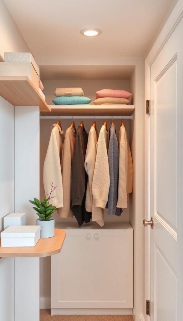 A small, tranquil closet organized with soft pastel hangers and neatly folded sweaters on shelves, showcasing a calming atmosphere. In the foreground, a wooden shelf holds decorative boxes and a potted plant, adding warmth to the space. The middle layer features a well-arranged collection of clothes, color-coordinated and neatly hung, with a gentle light illuminating the interior. The background includes a simple, closed door with a soft texture, softly lit by ambient lighting to create a serene environment. The image should have a bright, airy feel, capturing a sense of calm and organization. A slight overhead angle allows for a comprehensive view of the closet interior, evoking feelings of clarity and focus.