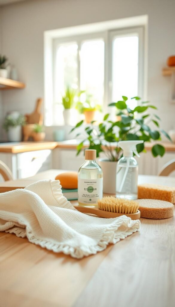 A soft, serene scene depicting an array of gentle cleaning tools neatly arranged on a light, wooden table. In the foreground, close-up focus on a soft microfiber cloth, a bamboo scrub brush, and a small bottle of eco-friendly cleaner with a subtle label. The middle ground features a natural sponge and a spray bottle with a gentle mist. In the background, a cozy, sunlit kitchen window filters warm daylight, highlighting houseplants and a clean countertop. The atmosphere is calm, inviting, and organized, suggesting a well-kept home. Utilize soft lighting to create a warm ambiance, emphasizing the textures of the tools. The angle should be slightly above the table, capturing an inviting flat lay perspective.