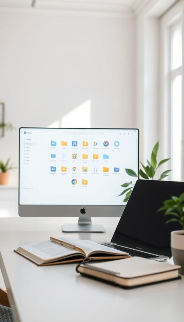 A soft, serene workspace with a focus on digital decluttering. In the foreground, a stylish, minimalist desk featuring a laptop, an organized notebook, and a plant for a touch of nature. The middle ground showcases a gently illuminated screen displaying a neatly arranged digital interface with icons representing various apps and files sorted by categories. In the background, a soft-focus view of a bright, airy room with large windows filtering in natural light, casting a peaceful glow. The atmosphere is calm and inviting, promoting a sense of clarity and focus. Soft pastel color palette with hints of green and blue to evoke tranquility. The angle is slightly elevated, emphasizing the organized workspace while maintaining a warm, friendly vibe. A soft, serene workspace with a focus on digital decluttering. In the foreground, a stylish, minimalist desk featuring a laptop, an organized notebook, and a plant for a touch of nature. The middle ground showcases a gently illuminated screen displaying a neatly arranged digital interface with icons representing various apps and files sorted by categories. In the background, a soft-focus view of a bright, airy room with large windows filtering in natural light, casting a peaceful glow. The atmosphere is calm and inviting, promoting a sense of clarity and focus. Soft pastel color palette with hints of green and blue to evoke tranquility. The angle is slightly elevated, emphasizing the organized workspace while maintaining a warm, friendly vibe.