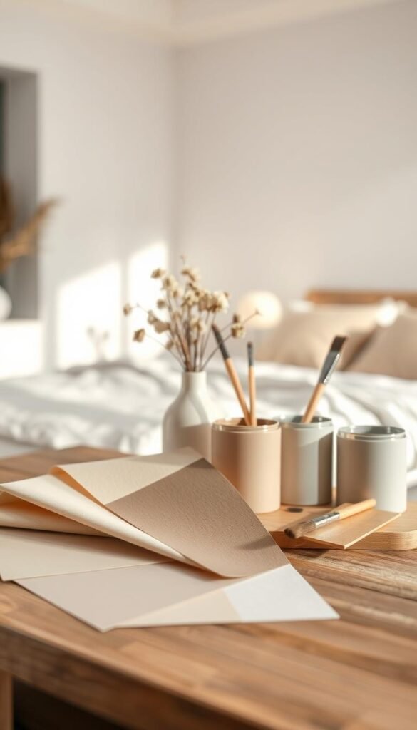 A soothing color palette showcasing a variety of neutral tones arranged gracefully on a minimalist wooden surface. In the foreground, soft beige swatches lie next to muted grays and gentle earth tones, reflecting harmony and tranquility. The middle ground features elegant paint canisters in subtle hues, surrounded by delicate brushes and a simple white vase with dried flowers, adding a touch of nature. The background displays a softly blurred, contemporary bedroom scene bathed in natural light, with a serene atmosphere emphasizing clean lines and simplicity. The image captures a sense of calm and relaxation, inviting viewers to envision a peaceful bedroom setup that embodies minimalist aesthetics. Use soft diffused lighting to enhance the soothing colors and textures.