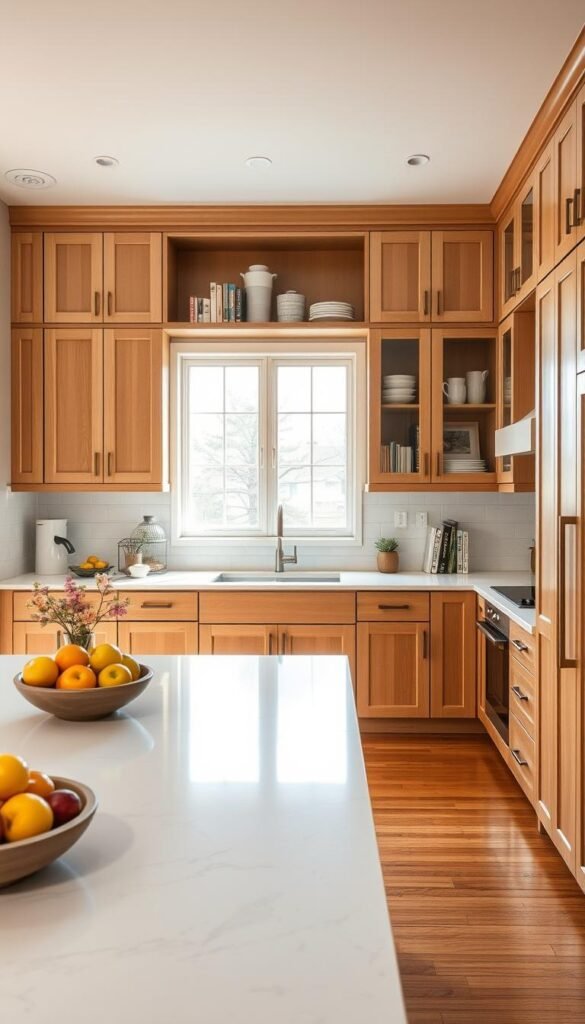 A spacious and organized kitchen with an inviting atmosphere, showcasing a harmonious blend of modern and rustic designs. In the foreground, a sleek kitchen island is adorned with a bowl of fresh fruits and a minimalist vase of flowers. The middle layer features an array of pristine cabinetry and open shelving displaying neatly organized kitchenware and cookbooks, emphasizing the decluttered aesthetic. In the background, a large window allows natural light to flood the space, illuminating the warm wood tones and white marble countertops. The flooring is polished hardwood, adding a touch of elegance. The overall mood is calm and inspiring, designed to reflect a systematic approach to kitchen organization, inviting viewers to envision an efficient and clutter-free environment.