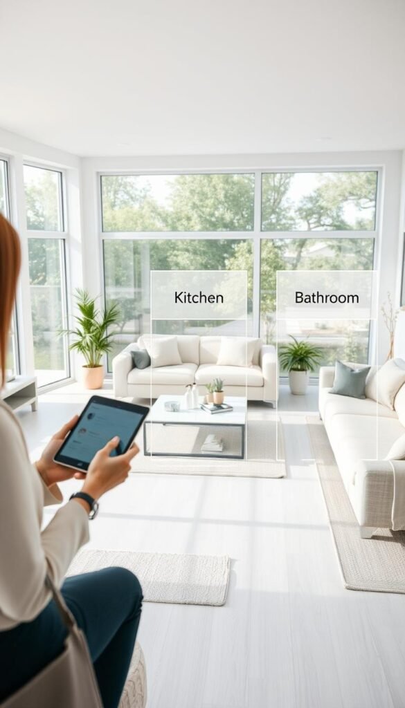 A spacious, modern living room designed for a zone-based cleaning system, featuring distinct areas labeled for different cleaning purposes, such as "Living Area," "Kitchen," and "Bathroom." In the foreground, a person in smart-casual clothing is holding a tablet, analyzing cleaning zones. The middle section displays sleek, organized cleaning supplies strategically placed near each zone. The background features large windows with natural light filtering in, enhancing the cleanliness and comfort of the space. Use a soft focus effect to give the image a warm, inviting atmosphere. The room is minimalistic, emphasizing functionality and efficiency in home care, with a clean color palette of whites and pastel shades. A spacious, modern living room designed for a zone-based cleaning system, featuring distinct areas labeled for different cleaning purposes, such as "Living Area," "Kitchen," and "Bathroom." In the foreground, a person in smart-casual clothing is holding a tablet, analyzing cleaning zones. The middle section displays sleek, organized cleaning supplies strategically placed near each zone. The background features large windows with natural light filtering in, enhancing the cleanliness and comfort of the space. Use a soft focus effect to give the image a warm, inviting atmosphere. The room is minimalistic, emphasizing functionality and efficiency in home care, with a clean color palette of whites and pastel shades.
