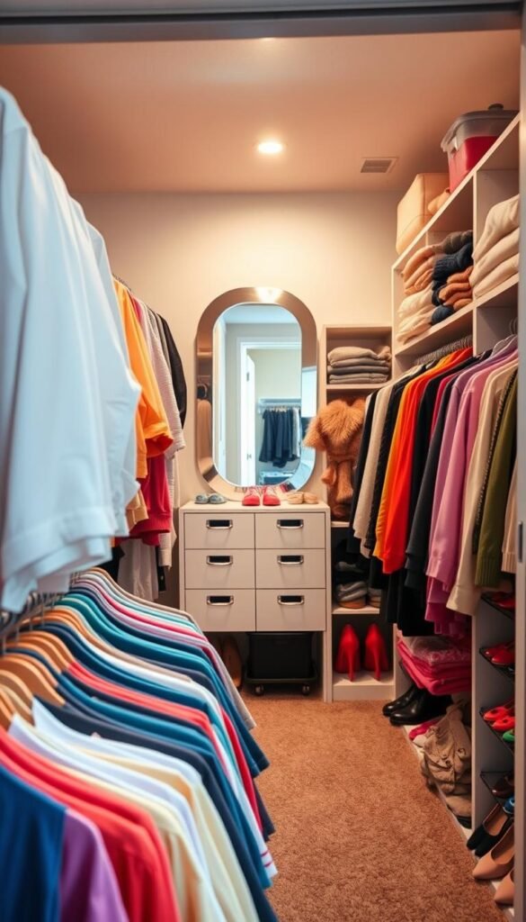 A spacious, organized closet interior, showcasing a perfect blend of neatly arranged clothes, shoes, and accessories. In the foreground, a well-organized row of colorful shirts and blouses on hangers, complemented by a shelf of neatly folded sweaters and a vibrant shoe rack. The middle features a stylish mirror reflecting the closet's contents, surrounded by storage boxes labeled for easy access. In the background, light streams in through a partially opened door, illuminating the space with a warm, inviting glow. The atmosphere is fresh and motivational, symbolizing simplicity and order. Shot with a soft-focus lens to capture the details, enhancing the overall aesthetic of a decluttered personal space.