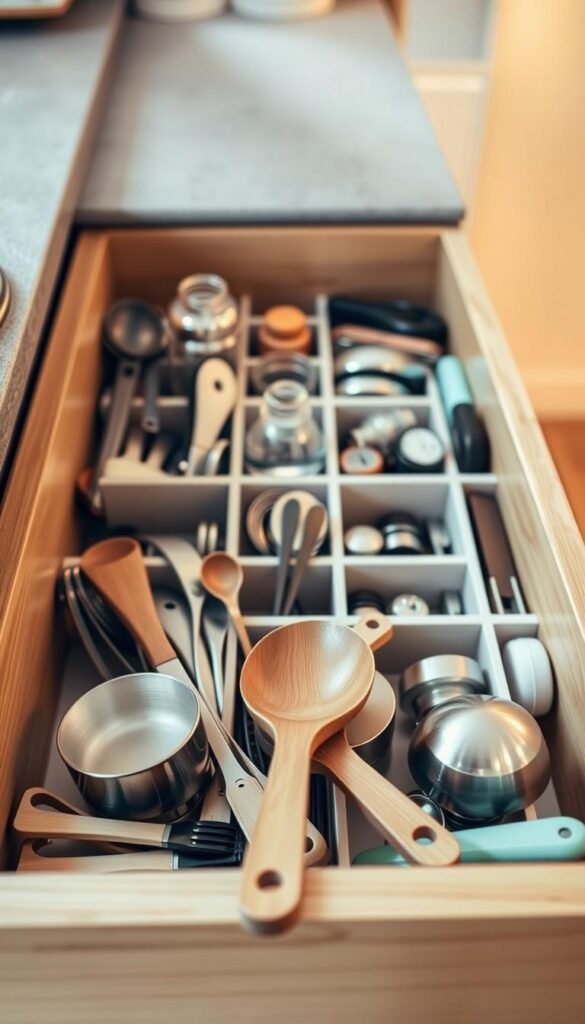 A spacious, well-organized deep kitchen drawer filled with neatly arranged cooking utensils, measuring cups, and small gadgets. The foreground features a wooden spoon and a measuring spoon positioned prominently, showcasing their polished surfaces. In the middle, various items are separated by dividers, illustrating an efficient system for easy access. The background shows soft, warm kitchen lighting that highlights the natural texture of the drawer interior, suggesting a cozy home atmosphere. The angle captures the drawer slightly ajar, inviting the viewer to explore its contents. The overall mood is inviting and functional, reflecting time-saving strategies in kitchen organization. A spacious, well-organized deep kitchen drawer filled with neatly arranged cooking utensils, measuring cups, and small gadgets. The foreground features a wooden spoon and a measuring spoon positioned prominently, showcasing their polished surfaces. In the middle, various items are separated by dividers, illustrating an efficient system for easy access. The background shows soft, warm kitchen lighting that highlights the natural texture of the drawer interior, suggesting a cozy home atmosphere. The angle captures the drawer slightly ajar, inviting the viewer to explore its contents. The overall mood is inviting and functional, reflecting time-saving strategies in kitchen organization.
