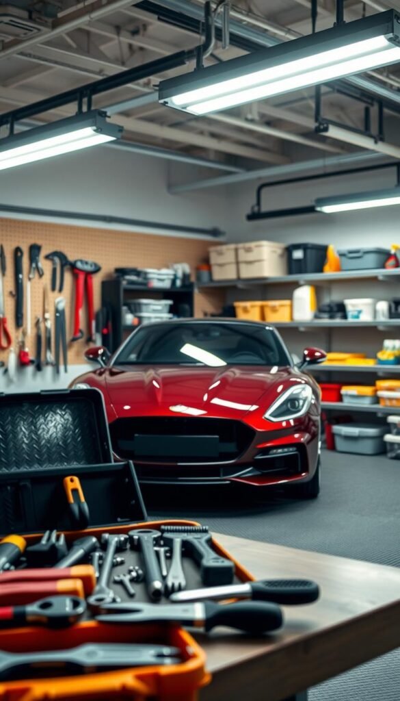 A spacious, well-organized garage featuring a sleek, modern car parked within. In the foreground, detailed tools neatly arranged on a sturdy workbench, with a bright toolbox that showcases vibrant colors. The middle layer highlights the polished car, reflecting the soft overhead LED lights that create a warm and inviting atmosphere. The garage walls lined with pegboards holding various tools and equipment, emphasizing organization and efficiency. In the background, shelves filled with labeled storage bins and cleaning supplies, indicating preparation for easy access. The lighting is bright yet soft, creating a clean, productive space. The mood conveys a sense of readiness and efficiency, perfect for the concept of saving time through small, effective passes in home maintenance. A spacious, well-organized garage featuring a sleek, modern car parked within. In the foreground, detailed tools neatly arranged on a sturdy workbench, with a bright toolbox that showcases vibrant colors. The middle layer highlights the polished car, reflecting the soft overhead LED lights that create a warm and inviting atmosphere. The garage walls lined with pegboards holding various tools and equipment, emphasizing organization and efficiency. In the background, shelves filled with labeled storage bins and cleaning supplies, indicating preparation for easy access. The lighting is bright yet soft, creating a clean, productive space. The mood conveys a sense of readiness and efficiency, perfect for the concept of saving time through small, effective passes in home maintenance.