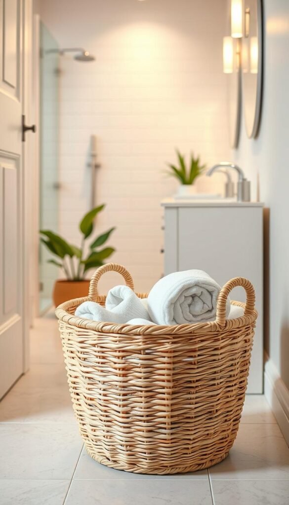 A stylish and functional freestanding floor basket in a small bathroom setting, crafted from natural wicker with a soft, muted color palette. The foreground features the intricately woven basket filled with neatly rolled plush towels and bath essentials, exuding an organized charm. In the middle ground, a sleek white vanity and a touch of greenery from a potted plant can be seen, creating a harmonious atmosphere. The background displays airy, light-colored walls and a serene shower area illuminated by warm, diffused lighting. The composition captures a cozy, inviting mood, perfect for a small bathroom oasis, emphasizing the practical and aesthetic value of floor baskets in limited spaces. The image should be shot at eye level to highlight the basket's details and utility.