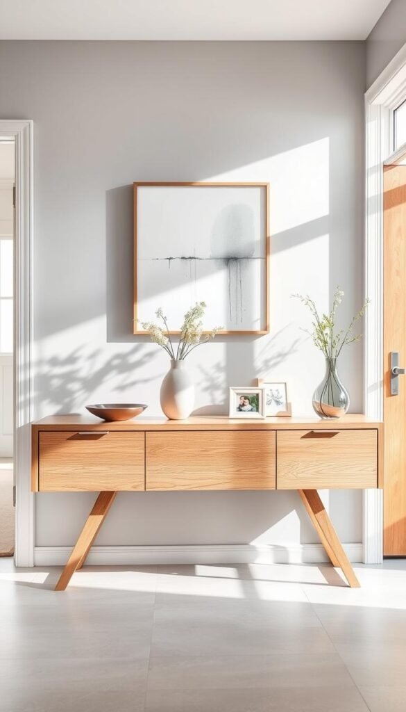 A stylish and modern console table, made of light oak wood with a clean, minimalist design, occupies the center of a bright and airy entryway. The table is adorned with a few decorative items: a sleek vase with fresh flowers, a small decorative bowl, and a framed family photo, conveying a sense of warmth. The background features a soft gray wall with a subtle abstract artwork hanging above the table, enhancing the sophistication of the space. Natural light streams in through a nearby window, casting soft shadows and creating a gentle ambiance. The angle showcases the depth of the entryway, inviting viewers into this organized and clutter-free environment. Overall, the mood is welcoming, fresh, and perfectly curated for an entry that prioritizes simplicity and functionality.