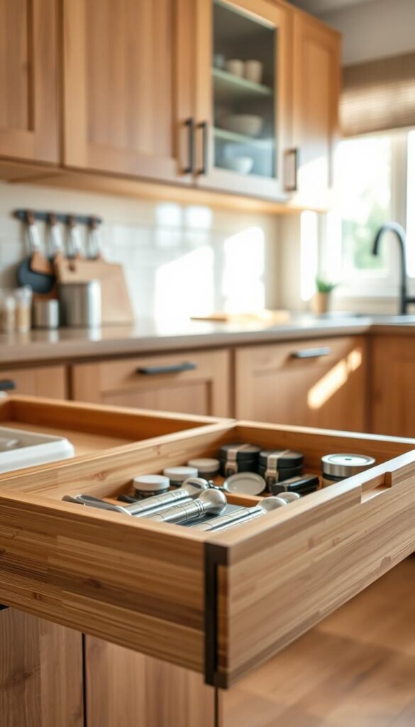 A stylish bamboo drawer open to reveal an organized interior with various kitchen tools. In the foreground, a close-up of neatly arranged utensils, spices, and small containers showcases practical organization. The middle section features the sleek bamboo drawer itself, highlighting its smooth texture and natural finish. In the background, a softly lit kitchen setting with wooden cabinets provides a warm ambiance. Natural light streams in through a nearby window, casting gentle shadows and creating a cozy, inviting atmosphere. The entire scene conveys a sense of tidiness and smart organization, perfect for showcasing efficient storage solutions in the kitchen. A stylish bamboo drawer open to reveal an organized interior with various kitchen tools. In the foreground, a close-up of neatly arranged utensils, spices, and small containers showcases practical organization. The middle section features the sleek bamboo drawer itself, highlighting its smooth texture and natural finish. In the background, a softly lit kitchen setting with wooden cabinets provides a warm ambiance. Natural light streams in through a nearby window, casting gentle shadows and creating a cozy, inviting atmosphere. The entire scene conveys a sense of tidiness and smart organization, perfect for showcasing efficient storage solutions in the kitchen.