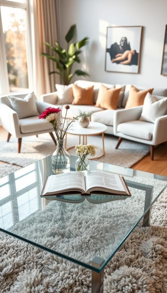 A stylish coffee table in a modern living room, featuring a sleek glass surface with minimalist decor. The foreground showcases a decorative vase with fresh flowers and an open book, creating an inviting focal point. In the middle, the coffee table is surrounded by a plush area rug and a pair of contemporary armchairs, emphasizing comfort and practicality. The background reveals a cozy sofa with chic cushions, and large windows allowing warm, natural light to flood the space, enhancing the overall ambiance. The scene is shot from a slightly elevated angle to capture the arrangement's harmony, conveying a fresh, serene atmosphere perfect for a living room reset. A stylish coffee table in a modern living room, featuring a sleek glass surface with minimalist decor. The foreground showcases a decorative vase with fresh flowers and an open book, creating an inviting focal point. In the middle, the coffee table is surrounded by a plush area rug and a pair of contemporary armchairs, emphasizing comfort and practicality. The background reveals a cozy sofa with chic cushions, and large windows allowing warm, natural light to flood the space, enhancing the overall ambiance. The scene is shot from a slightly elevated angle to capture the arrangement's harmony, conveying a fresh, serene atmosphere perfect for a living room reset.