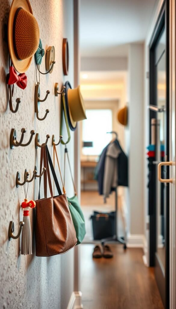 A stylish entryway featuring a collection of hooks in various designs and materials, such as metal, wood, and colorful plastic, arranged neatly on a textured wall. In the foreground, there are a few fashionable hats, bags, and umbrellas hanging from the hooks, adding color and style. The middle ground reveals a sleek coat rack with jackets hanging from it, while a pair of shoes sit organized below. In the background, there is a blurred view of an inviting hallway with soft, warm lighting creating a cozy atmosphere. The image is taken from a slightly angled perspective to enhance depth and dimension, evoking a sense of organized elegance in home decor. The mood is inviting and functional, perfect for illustrating smart entryway solutions. A stylish entryway featuring a collection of hooks in various designs and materials, such as metal, wood, and colorful plastic, arranged neatly on a textured wall. In the foreground, there are a few fashionable hats, bags, and umbrellas hanging from the hooks, adding color and style. The middle ground reveals a sleek coat rack with jackets hanging from it, while a pair of shoes sit organized below. In the background, there is a blurred view of an inviting hallway with soft, warm lighting creating a cozy atmosphere. The image is taken from a slightly angled perspective to enhance depth and dimension, evoking a sense of organized elegance in home decor. The mood is inviting and functional, perfect for illustrating smart entryway solutions.