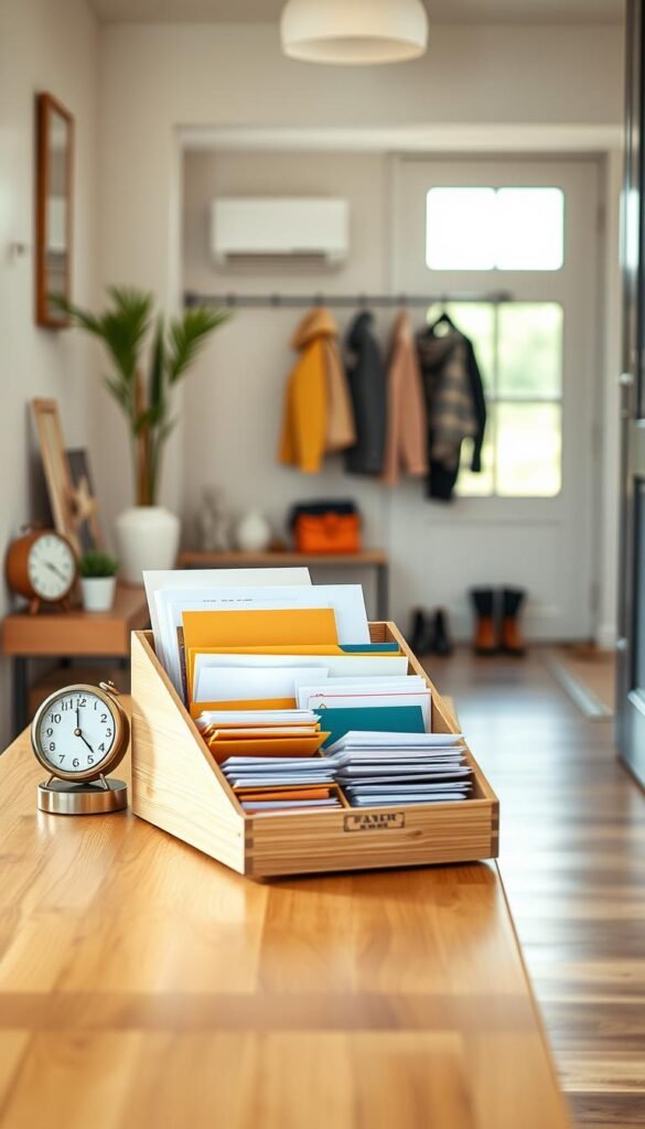 A stylish entryway featuring a modern paper organizer, elegantly showcasing neatly arranged mail, schoolwork, and important documents. In the foreground, a sleek wooden table holds the organizer, adorned with a few decorative items like a small potted plant and a vintage clock. The middle section of the image highlights the paper organizer, which is made of natural wood with sections for letters, folders, and notes, all meticulously organized and color-coded. In the background, a well-lit entryway with a coat rack and shoes neatly placed, exuding a sense of cleanliness and order. Soft, natural lighting streams in from a nearby window, creating a warm and inviting atmosphere, while a shallow depth of field keeps the focus on the paper organizer. The overall mood is one of organization and simplicity, perfect for a welcoming entryway. A stylish entryway featuring a modern paper organizer, elegantly showcasing neatly arranged mail, schoolwork, and important documents. In the foreground, a sleek wooden table holds the organizer, adorned with a few decorative items like a small potted plant and a vintage clock. The middle section of the image highlights the paper organizer, which is made of natural wood with sections for letters, folders, and notes, all meticulously organized and color-coded. In the background, a well-lit entryway with a coat rack and shoes neatly placed, exuding a sense of cleanliness and order. Soft, natural lighting streams in from a nearby window, creating a warm and inviting atmosphere, while a shallow depth of field keeps the focus on the paper organizer. The overall mood is one of organization and simplicity, perfect for a welcoming entryway.