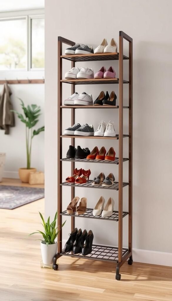 A stylish freestanding shoe rack made of elegant wood and metal, designed with multiple tiers for everyday access. The rack is filled with a variety of shoes including sneakers, heels, and sandals, organized neatly for easy selection. In the foreground, place a pair of stylish shoes on the bottom shelf, with a small plant nearby for a touch of greenery. In the middle, the shoe rack stands against a modern, light-colored wall, illuminated by soft, natural light coming from a nearby window. The background features a cozy entryway with a rug and coat hooks, creating a welcoming atmosphere. The overall mood is organized and inviting, perfect for a functional and aesthetically pleasing space.
