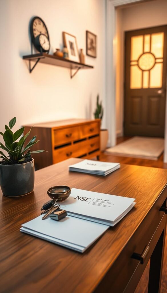 A stylish landing table for keys and mail, featuring an organized design with a small potted plant, a decorative bowl for keys, and neatly stacked letters. The foreground shows the table's polished wood surface illuminated by soft, warm ambient light, emphasizing its inviting nature. In the middle ground, a minimalist wall-mounted shelf displays a few decorative items and a small clock, creating a sense of harmony. The background offers a glimpse of a cozy entryway with a soft rug and a welcoming door. The lighting casts gentle shadows, enhancing the tidy and serene atmosphere. The angle is slightly from above, capturing the arrangement in detail while maintaining a sense of openness in the space. The mood is calm and organized, encouraging the idea of simplicity and decluttering. A stylish landing table for keys and mail, featuring an organized design with a small potted plant, a decorative bowl for keys, and neatly stacked letters. The foreground shows the table's polished wood surface illuminated by soft, warm ambient light, emphasizing its inviting nature. In the middle ground, a minimalist wall-mounted shelf displays a few decorative items and a small clock, creating a sense of harmony. The background offers a glimpse of a cozy entryway with a soft rug and a welcoming door. The lighting casts gentle shadows, enhancing the tidy and serene atmosphere. The angle is slightly from above, capturing the arrangement in detail while maintaining a sense of openness in the space. The mood is calm and organized, encouraging the idea of simplicity and decluttering.