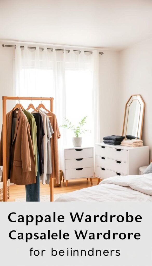 A stylish, minimalist capsule wardrobe setup in a well-lit modern bedroom. In the foreground, neatly arranged clothing on a wooden rack features essential pieces like a tailored blazer, classic jeans, and versatile tops, emphasizing a cohesive color palette of neutral tones. In the middle, an organized chest of drawers displays folded sweaters and accessories, complementing the clothing rack. A beautiful indoor plant adds a touch of freshness to the scene. In the background, soft natural light filters through sheer curtains, illuminating the space and creating a warm, inviting atmosphere. The overall mood is calm and sophisticated, embodying the essence of a chic, curated wardrobe for beginners looking to simplify their style. A stylish, minimalist capsule wardrobe setup in a well-lit modern bedroom. In the foreground, neatly arranged clothing on a wooden rack features essential pieces like a tailored blazer, classic jeans, and versatile tops, emphasizing a cohesive color palette of neutral tones. In the middle, an organized chest of drawers displays folded sweaters and accessories, complementing the clothing rack. A beautiful indoor plant adds a touch of freshness to the scene. In the background, soft natural light filters through sheer curtains, illuminating the space and creating a warm, inviting atmosphere. The overall mood is calm and sophisticated, embodying the essence of a chic, curated wardrobe for beginners looking to simplify their style.