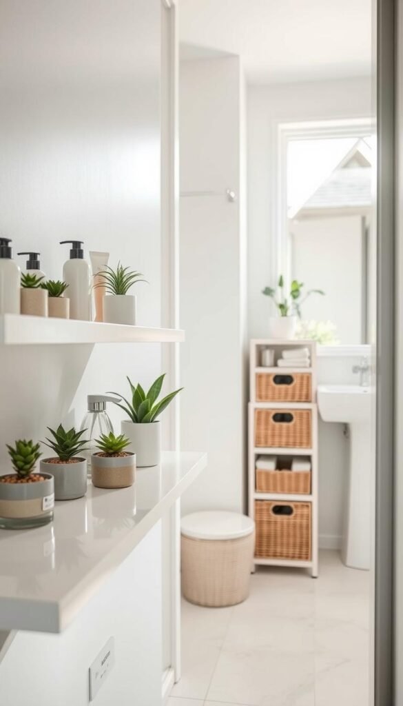 A stylish, modern bathroom featuring innovative lightweight storage solutions for small spaces. In the foreground, a sleek, minimalist shelf holds neatly arranged toiletries and small plants, showcasing a clean and organized aesthetic. The middle ground features a compact, multifunctional storage unit with wicker baskets and clear containers, maximizing space efficiency. In the background, a well-lit mirror reflects natural light from a nearby window, enhancing the room's bright and airy atmosphere. The scene is infused with a calming color palette of soft pastels and whites, creating a serene mood. The perspective is slightly angled to capture the elegance and functionality of the space, with soft, diffused lighting highlighting the textures and materials. A stylish, modern bathroom featuring innovative lightweight storage solutions for small spaces. In the foreground, a sleek, minimalist shelf holds neatly arranged toiletries and small plants, showcasing a clean and organized aesthetic. The middle ground features a compact, multifunctional storage unit with wicker baskets and clear containers, maximizing space efficiency. In the background, a well-lit mirror reflects natural light from a nearby window, enhancing the room's bright and airy atmosphere. The scene is infused with a calming color palette of soft pastels and whites, creating a serene mood. The perspective is slightly angled to capture the elegance and functionality of the space, with soft, diffused lighting highlighting the textures and materials.