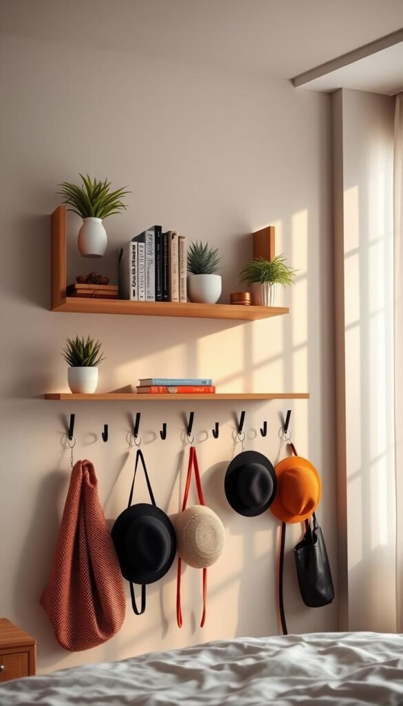 A stylish, modern bedroom showcasing an organized space featuring elegant hooks and shelves. In the foreground, a set of sleek, wooden shelves holds neatly arranged books and decorative plants. Below, several artistic hooks display colorful bags and hats, adding a touch of personality. The middle ground is softly illuminated with warm, natural light filtering through a nearby window, casting gentle shadows that enhance the cozy atmosphere. In the background, light, neutral-colored walls complement the furniture’s minimalist design, creating an inviting and calm space. An overall sense of tranquility and order invites viewers to envision a serene bedroom, perfect for quick organization and declutter. The camera angle is slightly angled downward to capture all elements harmoniously, emphasizing both functionality and aesthetic appeal. A stylish, modern bedroom showcasing an organized space featuring elegant hooks and shelves. In the foreground, a set of sleek, wooden shelves holds neatly arranged books and decorative plants. Below, several artistic hooks display colorful bags and hats, adding a touch of personality. The middle ground is softly illuminated with warm, natural light filtering through a nearby window, casting gentle shadows that enhance the cozy atmosphere. In the background, light, neutral-colored walls complement the furniture’s minimalist design, creating an inviting and calm space. An overall sense of tranquility and order invites viewers to envision a serene bedroom, perfect for quick organization and declutter. The camera angle is slightly angled downward to capture all elements harmoniously, emphasizing both functionality and aesthetic appeal.