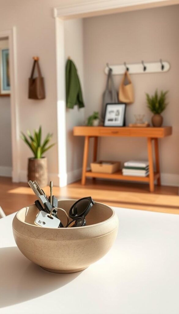 A stylish, modern bowl for keys sits on a clean entryway table, depicted in the foreground. The bowl is crafted from natural ceramic, featuring an earthy, textured finish, elegantly holding a set of assorted keys, a small decorative plant, and a pair of sunglasses. In the middle ground, the entryway showcases a minimalist console table with subtle wooden accents, adorned with a simple tray for mail and a couple of hooks on the wall for hanging bags and hats. The background illustrates a softly lit room with warm, inviting colors, enhancing the atmosphere of a tidy and welcoming home. The lighting is natural, streaming in from a nearby window, casting gentle shadows. The shot is taken from a slightly elevated angle, adding depth and dimension to the composition.