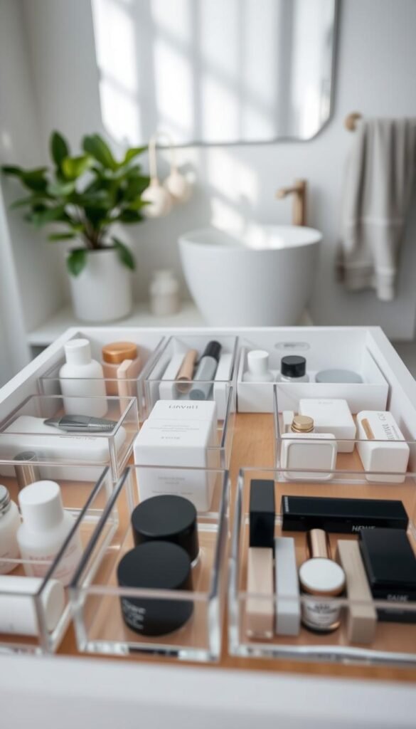 A stylish, organized bathroom drawer featuring a variety of minimalist drawer organizers. In the foreground, neat sections filled with well-arranged items such as skincare products, makeup, and small toiletries contained in transparent acrylic dividers. The middle section shows a smooth wood surface with subtle textures, highlighting the simplicity of the organizers. In the background, soft-focus bathroom decor like a serene plant and elegant lighting subtly illuminates the scene, creating a calm and tidy atmosphere. The overall color palette is neutral, with whites and light grays, evoking a sense of cleanliness and order. Soft, natural light enhances the modern aesthetic, captured from a slightly angled top-down view to showcase the organization strategy effectively. A stylish, organized bathroom drawer featuring a variety of minimalist drawer organizers. In the foreground, neat sections filled with well-arranged items such as skincare products, makeup, and small toiletries contained in transparent acrylic dividers. The middle section shows a smooth wood surface with subtle textures, highlighting the simplicity of the organizers. In the background, soft-focus bathroom decor like a serene plant and elegant lighting subtly illuminates the scene, creating a calm and tidy atmosphere. The overall color palette is neutral, with whites and light grays, evoking a sense of cleanliness and order. Soft, natural light enhances the modern aesthetic, captured from a slightly angled top-down view to showcase the organization strategy effectively.