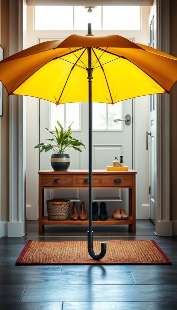 A stylish, weather-ready entryway featuring a vibrant, open umbrella in the foreground, demonstrating its functionality and charm. The umbrella is artistically positioned, showcasing its brightly colored fabric against a backdrop of a neat, organized entryway with a welcoming mat. In the middle ground, a stylish wooden console table holds a set of neatly placed shoes and a decorative plant. The background reveals a doorway with a clean, modern aesthetic, softly illuminated by natural light filtering through a nearby window, creating a warm, inviting atmosphere. The scene captures a sense of readiness and organization essential for quick resets in any home. The composition should convey a fresh, cheerful mood, ideal for inspiring readers. A stylish, weather-ready entryway featuring a vibrant, open umbrella in the foreground, demonstrating its functionality and charm. The umbrella is artistically positioned, showcasing its brightly colored fabric against a backdrop of a neat, organized entryway with a welcoming mat. In the middle ground, a stylish wooden console table holds a set of neatly placed shoes and a decorative plant. The background reveals a doorway with a clean, modern aesthetic, softly illuminated by natural light filtering through a nearby window, creating a warm, inviting atmosphere. The scene captures a sense of readiness and organization essential for quick resets in any home. The composition should convey a fresh, cheerful mood, ideal for inspiring readers.