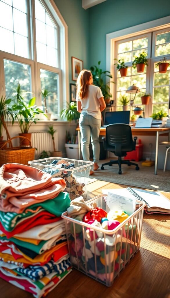 A sunlit home office filled with summer vibes, where a person in casual, comfortable clothing sorts through a variety of items. In the foreground, there is a neatly stacked pile of colorful summer clothes and a few organizers filled with miscellaneous household items ready for donation. The middle ground showcases a desk with open notebooks and a stylish planner, while a large window in the background floods the space with warm natural light, illuminating potted plants and cheerful decor. The atmosphere is lively yet calm, conveying a sense of productivity and renewal as the individual prepares for the summer season. The image captures a wide angle to emphasize the spaciousness of the room, with soft shadows playing across the floor, reflecting a positive and inspiring pre-summer decluttering routine.
