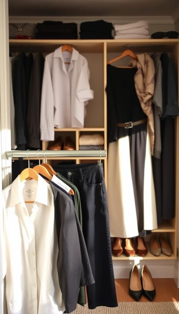A thoughtfully arranged capsule wardrobe starter showcase, featuring a selection of essential clothing items neatly displayed in a well-organized closet. In the foreground, include a variety of versatile pieces such as a classic white shirt, a tailored blazer, a pair of dark jeans, a little black dress, and neutral-toned shoes. The middle ground should depict storage solutions like wooden hangers and cubbies, highlighting coordinated accessories like a belt and scarf. The background is softly blurred to emphasize the clothing, with warm natural light streaming in from a nearby window, creating a cozy, inviting atmosphere. The mood is calm and stylish, conveying a sense of simplicity and elegance, perfect for beginners starting their capsule wardrobes.