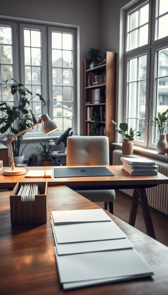 A tidy and inviting home office space, designed for organizing mail and incoming papers. In the foreground, a sleek wooden desk is clutter-free, with a stylish letter organizer and neatly stacked papers. A soft, warm light illuminates the workspace from a desk lamp with a minimalist design. In the middle, a comfortable chair upholstered in light fabric faces the desk, suggesting an inviting area to work. The background features a well-organized bookshelf, with a few houseplants adding a touch of greenery to the scene. Large windows allow natural light to pour in, creating a bright atmosphere that feels calm and productive. The overall mood is one of simplicity and clarity, emphasizing an efficient workflow and a serene environment. A tidy and inviting home office space, designed for organizing mail and incoming papers. In the foreground, a sleek wooden desk is clutter-free, with a stylish letter organizer and neatly stacked papers. A soft, warm light illuminates the workspace from a desk lamp with a minimalist design. In the middle, a comfortable chair upholstered in light fabric faces the desk, suggesting an inviting area to work. The background features a well-organized bookshelf, with a few houseplants adding a touch of greenery to the scene. Large windows allow natural light to pour in, creating a bright atmosphere that feels calm and productive. The overall mood is one of simplicity and clarity, emphasizing an efficient workflow and a serene environment.