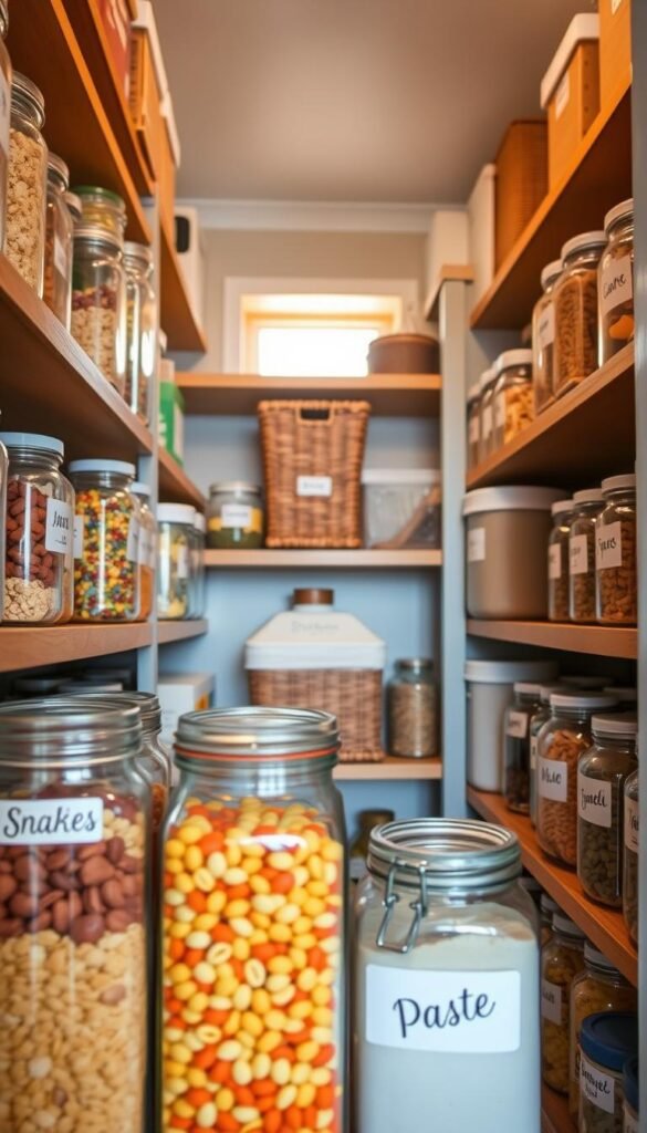 A tidy and organized pantry with various labeled containers, jars, and boxes neatly arranged on wooden shelves. In the foreground, a close-up view of some clear glass jars filled with colorful dry goods, such as grains, pasta, and snacks, each sporting a simple, elegant label in a handwritten font. The middle ground features more storage solutions, including wicker baskets and stackable bins, all labeled for easy access. The background showcases a softly lit space with warm, natural light filtering through a small window, creating a cozy atmosphere. The entire scene has an inviting and budget-friendly feel, emphasizing practicality and style in pantry organization. The angle captures a slight overhead view, presenting a well-thought-out layout for efficient storage. A tidy and organized pantry with various labeled containers, jars, and boxes neatly arranged on wooden shelves. In the foreground, a close-up view of some clear glass jars filled with colorful dry goods, such as grains, pasta, and snacks, each sporting a simple, elegant label in a handwritten font. The middle ground features more storage solutions, including wicker baskets and stackable bins, all labeled for easy access. The background showcases a softly lit space with warm, natural light filtering through a small window, creating a cozy atmosphere. The entire scene has an inviting and budget-friendly feel, emphasizing practicality and style in pantry organization. The angle captures a slight overhead view, presenting a well-thought-out layout for efficient storage.