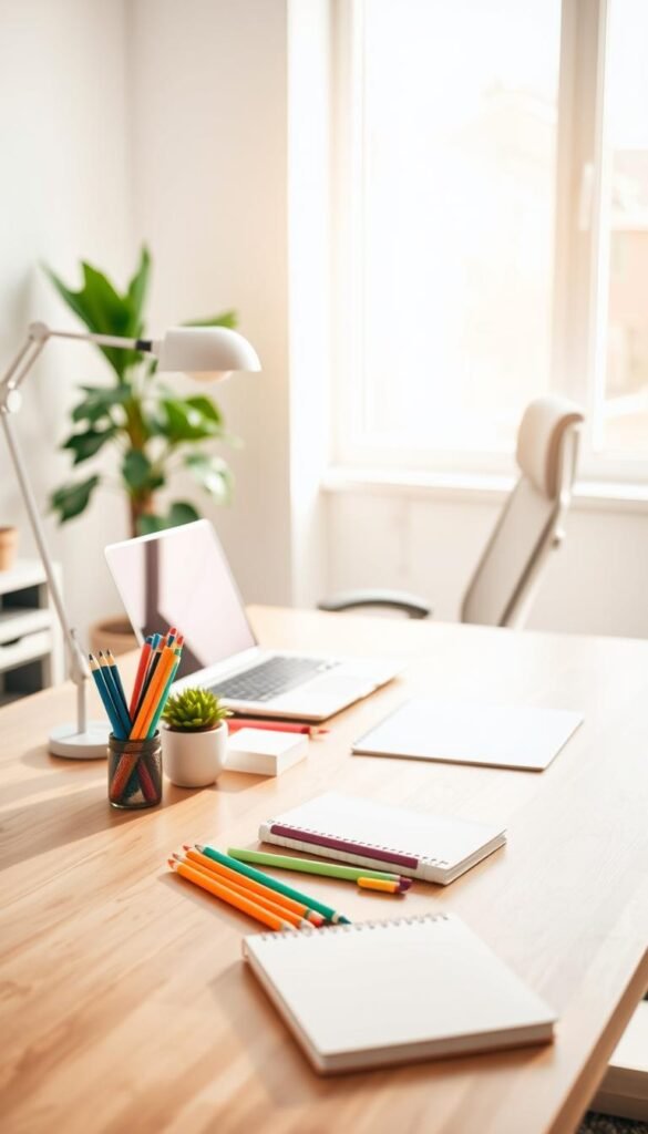A tidy, modern desk in a bright, airy workspace, with a clean wooden tabletop. In the foreground, a neatly organized set of colorful stationery items, including pens, notebooks, and a small potted plant. The mid-ground features a sleek laptop with an uncluttered screen, accompanied by a stylish desk lamp casting warm, inviting light. A comfortable ergonomic chair sits nearby, upholstered in soft fabric. The background consists of a large window allowing natural sunlight to bathe the space, enhancing the calm atmosphere. Soft, pastel colors dominate the scene, representing tranquility and focus. The composition captures a sense of productivity and comfort, with gentle shadows adding depth. Ideal for a serene office environment.