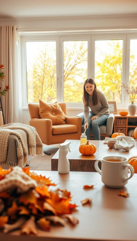 A tranquil, cozy living room during fall cleaning, featuring a warm color palette of oranges and yellows. In the foreground, a neatly arranged pile of autumn leaves and cleaning supplies, with a cozy knit blanket draped over a stylish armchair. In the middle, a cheerful individual in modest casual clothing, actively cleaning a wooden coffee table, smiling as they wipe away dust. In the background, a large window reveals golden autumn foliage outside, with soft sunlight streaming in, casting gentle shadows. The atmosphere is calm and inviting, emphasizing the serenity of a tidy home, with subtle details like a steaming mug of tea on the table and decorative pumpkins placed around the room.