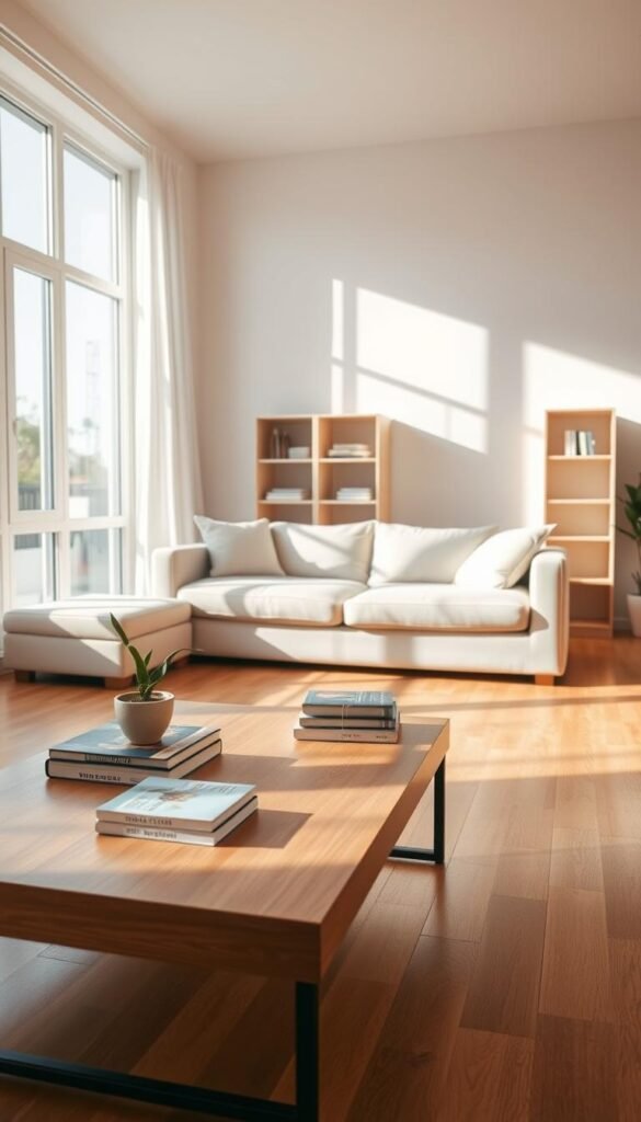 A tranquil, minimalist living room filled with sunlight streaming through large windows, illuminating clean lines and open spaces. In the foreground, a neatly arranged coffee table carries a few carefully selected books and a small potted plant, embodying simplicity. In the middle ground, a tidy sofa with neutral-colored cushions sits against a wall devoid of clutter, complemented by a minimalist bookshelf holding only a handful of curated items. In the background, a polished hardwood floor enhances the spacious feel, while soft shadows play against the walls, creating a calm atmosphere. The lighting should be warm and inviting, conveying a sense of peace and organization. The scene reflects a focus on decluttering and simplicity, perfect for promoting a minimalist cleaning routine. A tranquil, minimalist living room filled with sunlight streaming through large windows, illuminating clean lines and open spaces. In the foreground, a neatly arranged coffee table carries a few carefully selected books and a small potted plant, embodying simplicity. In the middle ground, a tidy sofa with neutral-colored cushions sits against a wall devoid of clutter, complemented by a minimalist bookshelf holding only a handful of curated items. In the background, a polished hardwood floor enhances the spacious feel, while soft shadows play against the walls, creating a calm atmosphere. The lighting should be warm and inviting, conveying a sense of peace and organization. The scene reflects a focus on decluttering and simplicity, perfect for promoting a minimalist cleaning routine.