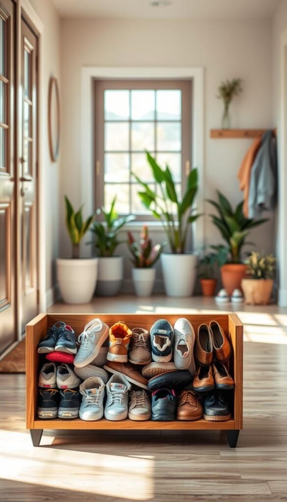A vibrant and organized entryway featuring a stylish shoe storage bin. In the foreground, a neatly arranged collection of various shoes, including sneakers, loafers, and sandals, all in an array of colors and materials, displayed inside a modern, wooden bin. The middle ground highlights the shoe bin with the lid slightly open, revealing an orderly collection inside, while maintaining a clean and spacious look. The background presents a bright entryway with a welcoming atmosphere, adorned with potted plants and a minimalist coat rack. Soft, natural light streams in through a nearby window, casting gentle shadows, with a warm color palette enhancing the sense of order and tranquility. The image captures a mood of organization and simplicity, ideal for a decluttered entryway setup.