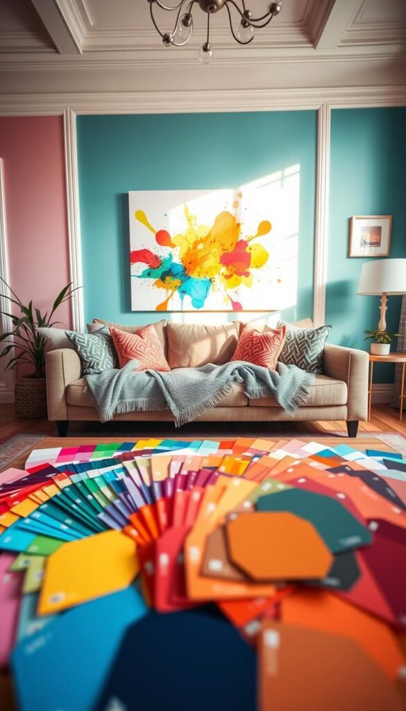 A vibrant living room setting filled with an array of colorful paint swatches arranged on a coffee table. In the foreground, a cozy sofa adorned with bold, patterned throw pillows and a soft blanket invites relaxation. The middle space showcases a large canvas painting with abstract splashes of bright colors, evoking a sense of energy and creativity. In the background, a well-lit window allows natural sunlight to flood the room, highlighting the joyful hues on the walls, painted in soft pastels and deep jewel tones. The atmosphere is inviting and refreshing, with a gentle, warm ambiance created by golden hour lighting. The scene captures the transformative power of color in home decor, encouraging a mood of inspiration and rejuvenation. A vibrant living room setting filled with an array of colorful paint swatches arranged on a coffee table. In the foreground, a cozy sofa adorned with bold, patterned throw pillows and a soft blanket invites relaxation. The middle space showcases a large canvas painting with abstract splashes of bright colors, evoking a sense of energy and creativity. In the background, a well-lit window allows natural sunlight to flood the room, highlighting the joyful hues on the walls, painted in soft pastels and deep jewel tones. The atmosphere is inviting and refreshing, with a gentle, warm ambiance created by golden hour lighting. The scene captures the transformative power of color in home decor, encouraging a mood of inspiration and rejuvenation.