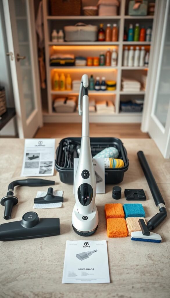 A visually engaging flat lay of a Zone Cleaning System, showcasing the various components included in the package. In the foreground, display a sleek, modern cleaning device with interchangeable heads, a user manual, and a set of color-coded cleaning pads arranged neatly around it. The middle section features a compact storage case that holds all the components, along with a detachable extension handle. In the background, hint at a well-organized cleaning closet with cleaning supplies neatly arranged on shelves, softly lit to create a warm and inviting atmosphere. The image should have a professional feel, with soft natural lighting highlighting the textures of the materials, captured from a slight overhead angle to provide a comprehensive view of what's included. A visually engaging flat lay of a Zone Cleaning System, showcasing the various components included in the package. In the foreground, display a sleek, modern cleaning device with interchangeable heads, a user manual, and a set of color-coded cleaning pads arranged neatly around it. The middle section features a compact storage case that holds all the components, along with a detachable extension handle. In the background, hint at a well-organized cleaning closet with cleaning supplies neatly arranged on shelves, softly lit to create a warm and inviting atmosphere. The image should have a professional feel, with soft natural lighting highlighting the textures of the materials, captured from a slight overhead angle to provide a comprehensive view of what's included.