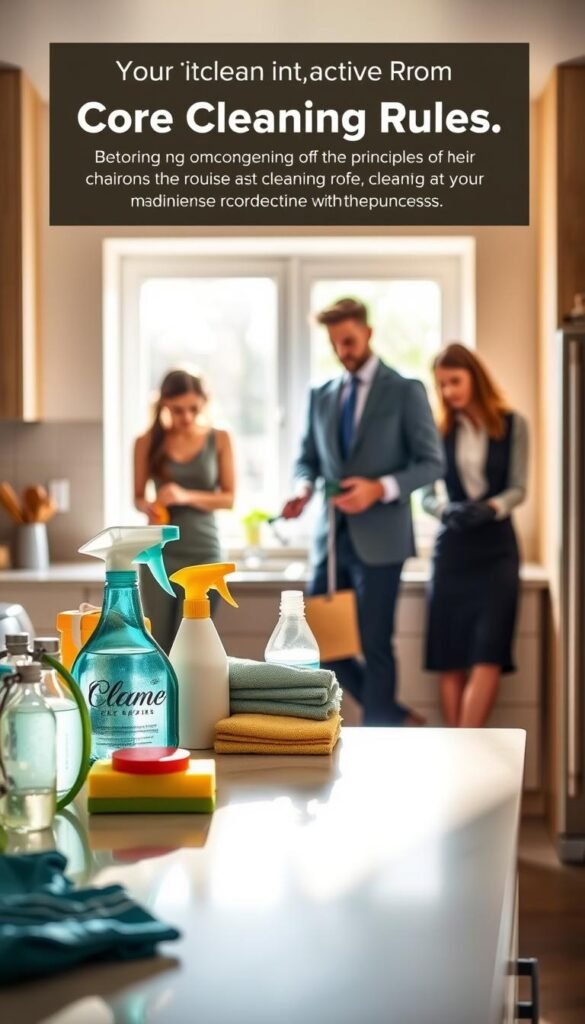 A visually engaging illustration depicting core cleaning rules, focusing on the principles of the "Clean-As-You-Go" method. In the foreground, showcase a well-organized kitchen counter, featuring a neatly arranged collection of cleaning tools like a spray bottle, sponge, and cloth, emphasizing cleanliness. In the middle, a diverse group of three individuals in professional attire engaged in cleaning tasks, showcasing teamwork and efficiency. The background displays a bright, well-lit kitchen, with sunlight streaming through a window, creating a warm, inviting atmosphere. Use a soft focus lens to highlight the cleaning processes while maintaining clarity on the individuals and tools. The mood should convey a sense of calm, order, and professionalism, emphasizing the simplicity and effectiveness of routine cleaning habits.