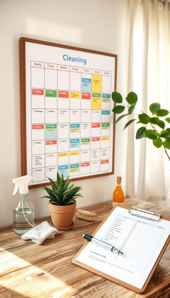 A visually organized cleaning schedule poster set in a bright, airy home office. In the foreground, a large wall-mounted calendar filled with neatly organized daily and weekly cleaning tasks in colorful boxes and checkboxes. Beside it, an elegant clipboard with a pen rests on a rustic wooden desk, featuring a sample cleaning checklist. In the middle ground, a potted plant adds a touch of greenery, while essential cleaning supplies like a spray bottle, microfiber cloth, and soft bristle brush are neatly arranged. The background should display a sunlit window with sheer curtains, enhancing the atmosphere of productivity and cleanliness. The overall mood should be uplifting and motivating, emphasizing effective planning and tracking for a monthly cleaning routine. Lighting is soft and natural, creating a warm and inviting environment. A visually organized cleaning schedule poster set in a bright, airy home office. In the foreground, a large wall-mounted calendar filled with neatly organized daily and weekly cleaning tasks in colorful boxes and checkboxes. Beside it, an elegant clipboard with a pen rests on a rustic wooden desk, featuring a sample cleaning checklist. In the middle ground, a potted plant adds a touch of greenery, while essential cleaning supplies like a spray bottle, microfiber cloth, and soft bristle brush are neatly arranged. The background should display a sunlit window with sheer curtains, enhancing the atmosphere of productivity and cleanliness. The overall mood should be uplifting and motivating, emphasizing effective planning and tracking for a monthly cleaning routine. Lighting is soft and natural, creating a warm and inviting environment.