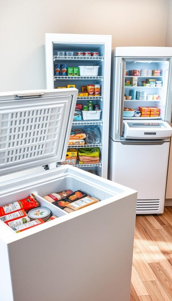 A visually striking composition showcasing various types of freezers: a chest freezer, an upright freezer, and a portable freezer. In the foreground, display the chest freezer with its lid open, revealing neatly organized compartments filled with labeled, frozen foods, emphasizing systematized zones. In the middle, the upright freezer stands upright, showcasing clear shelving filled with colorful food packages and organized items, bathed in soft, natural light to highlight freshness. In the background, the portable freezer sits on a kitchen countertop, demonstrating versatility. Use a top-down angle for a comprehensive overview, accentuating the orderliness. The atmosphere is bright and inviting, encouraging efficient freezer organization in a home setting.
