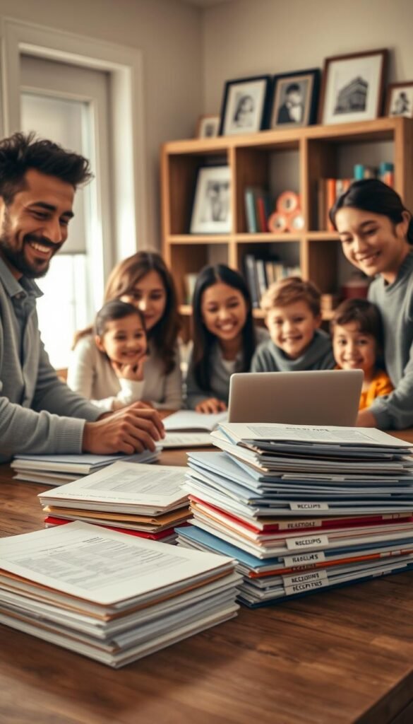 A warm and inviting family workspace, showcasing a cozy home office setting. In the foreground, a diverse family (two parents and two children) sits around a wooden table, organized with folders and a lighted laptop. The parents are dressed in smart casual wear, while the children wear comfortable, modest clothing. In the middle ground, papers are neatly stacked with labeled folders for bills, school papers, and receipts, each color-coded for easy access. The background features a cozy bookshelf filled with books and framed family photos, creating a personal touch. Soft, natural light streams in from a nearby window, casting gentle shadows and creating a productive, friendly atmosphere. The overall mood is cheerful, organized, and family-focused, emphasizing collaboration and order in managing household documents. A warm and inviting family workspace, showcasing a cozy home office setting. In the foreground, a diverse family (two parents and two children) sits around a wooden table, organized with folders and a lighted laptop. The parents are dressed in smart casual wear, while the children wear comfortable, modest clothing. In the middle ground, papers are neatly stacked with labeled folders for bills, school papers, and receipts, each color-coded for easy access. The background features a cozy bookshelf filled with books and framed family photos, creating a personal touch. Soft, natural light streams in from a nearby window, casting gentle shadows and creating a productive, friendly atmosphere. The overall mood is cheerful, organized, and family-focused, emphasizing collaboration and order in managing household documents.
