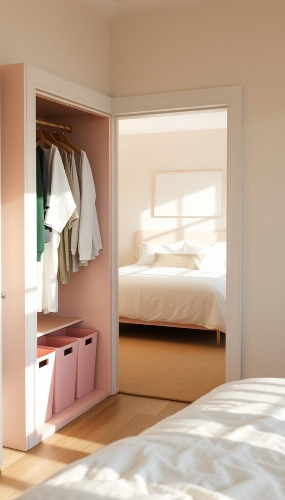 A warm, inviting bedroom featuring a well-organized closet in the foreground. The closet, with neatly arranged clothes on hangers and labeled bins, is painted in soft pastel colors. In the middle ground, a neatly made bed with crisp white linens and a few decorative pillows adds a touch of comfort. Natural light streams in from a nearby window, casting gentle shadows, creating a serene atmosphere. In the background, light-colored walls and a simple piece of wall art enhance the minimalist aesthetic. The overall mood is calm and refreshing, inviting viewers to envision a decluttered space that feels spacious and organized. The composition should be captured from a slightly elevated angle to provide a full view of the closet and bedroom details, emphasizing simplicity and tranquility. A warm, inviting bedroom featuring a well-organized closet in the foreground. The closet, with neatly arranged clothes on hangers and labeled bins, is painted in soft pastel colors. In the middle ground, a neatly made bed with crisp white linens and a few decorative pillows adds a touch of comfort. Natural light streams in from a nearby window, casting gentle shadows, creating a serene atmosphere. In the background, light-colored walls and a simple piece of wall art enhance the minimalist aesthetic. The overall mood is calm and refreshing, inviting viewers to envision a decluttered space that feels spacious and organized. The composition should be captured from a slightly elevated angle to provide a full view of the closet and bedroom details, emphasizing simplicity and tranquility.