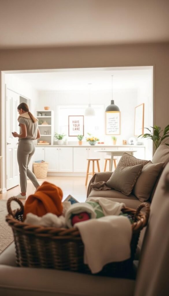 A warm, inviting home interior depicting a daily routine scene focused on decluttering. In the foreground, a well-organized living room features a person in modest casual clothing, casually sorting through items in a stylish basket, with a small stack of items designated for donation. In the middle ground, a tidy kitchen shows an open space with light streaming in through a window, highlighting a clean countertop with potted plants and a neat bowl of fruit. In the background, a glimpse of an organized home office workspace can be seen, with a clear desk and an inspirational wall. Soft, natural lighting creates a calm, uplifting atmosphere, suggesting balance and serenity in daily life. The angle captures the warmth of the space, evoking a sense of peace and motivation to maintain a clutter-free home.