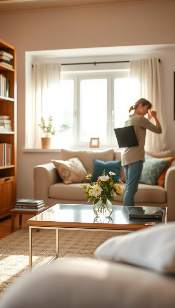 A warm, inviting interior of a cozy living room, emphasizing the concept of 'put away'. In the foreground, a person in modest casual clothing is neatly organizing books and decorative items on a shelf, showcasing the act of tidying. In the middle ground, a coffee table is clear of clutter, with a fresh floral centerpiece adding a touch of color. Soft afternoon sunlight streams through a window, casting gentle shadows that enhance the room's warmth. In the background, a plush sofa with colorful cushions suggests comfort and relaxation. The atmosphere is tranquil and inspiring, encouraging viewers to instill daily cleaning habits into their routines. The scene captures a moment of peace and simplicity, reinforcing the importance of maintaining a clean home. A warm, inviting interior of a cozy living room, emphasizing the concept of 'put away'. In the foreground, a person in modest casual clothing is neatly organizing books and decorative items on a shelf, showcasing the act of tidying. In the middle ground, a coffee table is clear of clutter, with a fresh floral centerpiece adding a touch of color. Soft afternoon sunlight streams through a window, casting gentle shadows that enhance the room's warmth. In the background, a plush sofa with colorful cushions suggests comfort and relaxation. The atmosphere is tranquil and inspiring, encouraging viewers to instill daily cleaning habits into their routines. The scene captures a moment of peace and simplicity, reinforcing the importance of maintaining a clean home.