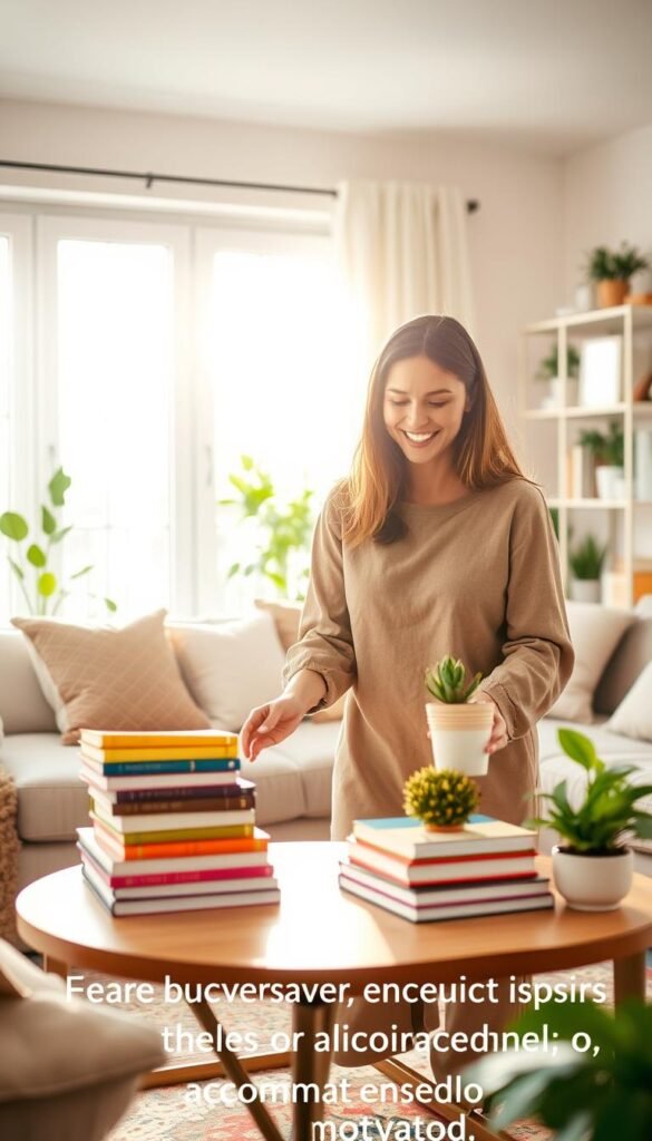 A warm, inviting living room bathed in soft, natural light streaming through a large window. In the foreground, a woman in a comfortable, modest outfit is happily organizing a stack of colorful books and plants on a stylish coffee table. She has a focused yet content expression, embodying gentle motivation. In the middle, there are cozy home decor elements, like plush cushions and a tasteful rug, reflecting a clutter-free environment. In the background, potted plants and a tidy bookshelf create an atmosphere of calm and accountability. The overall ambiance is uplifting and encouraging, emphasizing a peaceful space that inspires decluttering and rewarding oneself for small accomplishments. The composition has a bright, airy feel, with a slight depth of field, focusing on the woman’s engaging activity. A warm, inviting living room bathed in soft, natural light streaming through a large window. In the foreground, a woman in a comfortable, modest outfit is happily organizing a stack of colorful books and plants on a stylish coffee table. She has a focused yet content expression, embodying gentle motivation. In the middle, there are cozy home decor elements, like plush cushions and a tasteful rug, reflecting a clutter-free environment. In the background, potted plants and a tidy bookshelf create an atmosphere of calm and accountability. The overall ambiance is uplifting and encouraging, emphasizing a peaceful space that inspires decluttering and rewarding oneself for small accomplishments. The composition has a bright, airy feel, with a slight depth of field, focusing on the woman’s engaging activity.