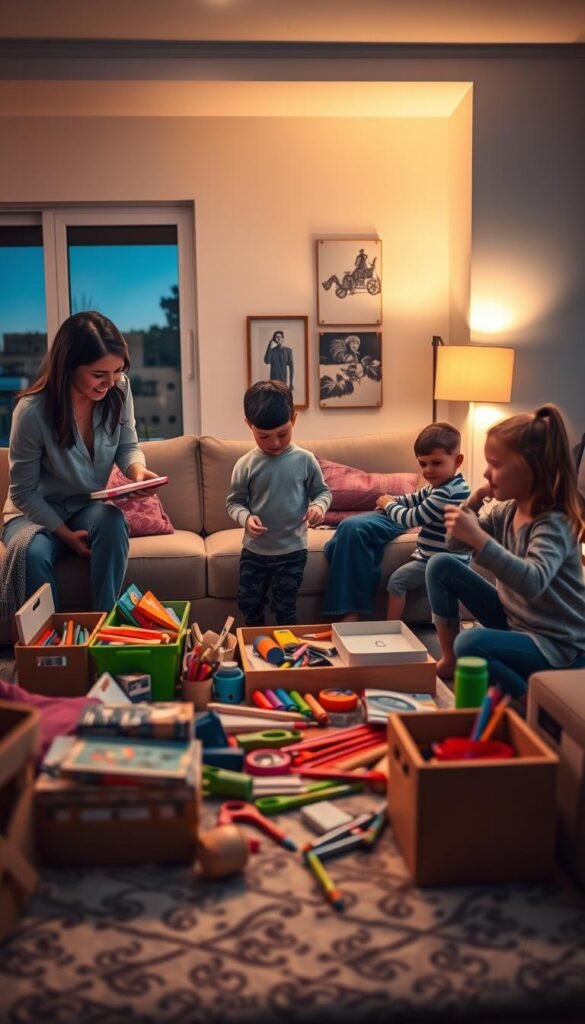 A warm, inviting living room scene at dusk, highlighting a family of four engaging in a tidying routine together. In the foreground, the parents, dressed in casual yet neat clothing, are organizing toys and books while the children, a boy and a girl, joyfully help by putting away their art supplies. The middle ground features a cozy couch and a coffee table scattered with playful items, reflecting a lived-in feel. In the background, soft ambient light from a floor lamp casts a gentle glow, enhancing the sense of togetherness. The atmosphere is harmonious and cheerful, suggesting teamwork and connection during ordinary family activities, emphasizing the importance of making tidying a shared routine. The angle captures both close-up interactions and the overall space, inspiring a sense of unity and cooperation. A warm, inviting living room scene at dusk, highlighting a family of four engaging in a tidying routine together. In the foreground, the parents, dressed in casual yet neat clothing, are organizing toys and books while the children, a boy and a girl, joyfully help by putting away their art supplies. The middle ground features a cozy couch and a coffee table scattered with playful items, reflecting a lived-in feel. In the background, soft ambient light from a floor lamp casts a gentle glow, enhancing the sense of togetherness. The atmosphere is harmonious and cheerful, suggesting teamwork and connection during ordinary family activities, emphasizing the importance of making tidying a shared routine. The angle captures both close-up interactions and the overall space, inspiring a sense of unity and cooperation.