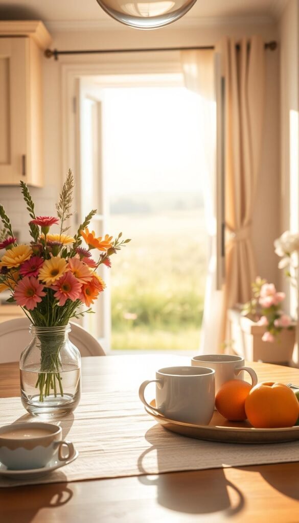 A warm, inviting morning scene capturing the essence of a peaceful home reset. In the foreground, there is a beautifully arranged breakfast table, featuring a vase of fresh flowers, steaming coffee mugs, and a plate of colorful fruit. In the middle, a sunlit kitchen with soft beige cabinetry and an open window allowing natural light to flood in, revealing gentle windblown curtains. In the background, a serene garden view with dew-kissed grass and blooming flowers. The atmosphere is calm and refreshing, evoking a sense of renewal and optimism, accentuated by soft golden morning light that creates delicate shadows. The scene focuses on a vibrant, life-affirming start to the day, with no distractions. A warm, inviting morning scene capturing the essence of a peaceful home reset. In the foreground, there is a beautifully arranged breakfast table, featuring a vase of fresh flowers, steaming coffee mugs, and a plate of colorful fruit. In the middle, a sunlit kitchen with soft beige cabinetry and an open window allowing natural light to flood in, revealing gentle windblown curtains. In the background, a serene garden view with dew-kissed grass and blooming flowers. The atmosphere is calm and refreshing, evoking a sense of renewal and optimism, accentuated by soft golden morning light that creates delicate shadows. The scene focuses on a vibrant, life-affirming start to the day, with no distractions.