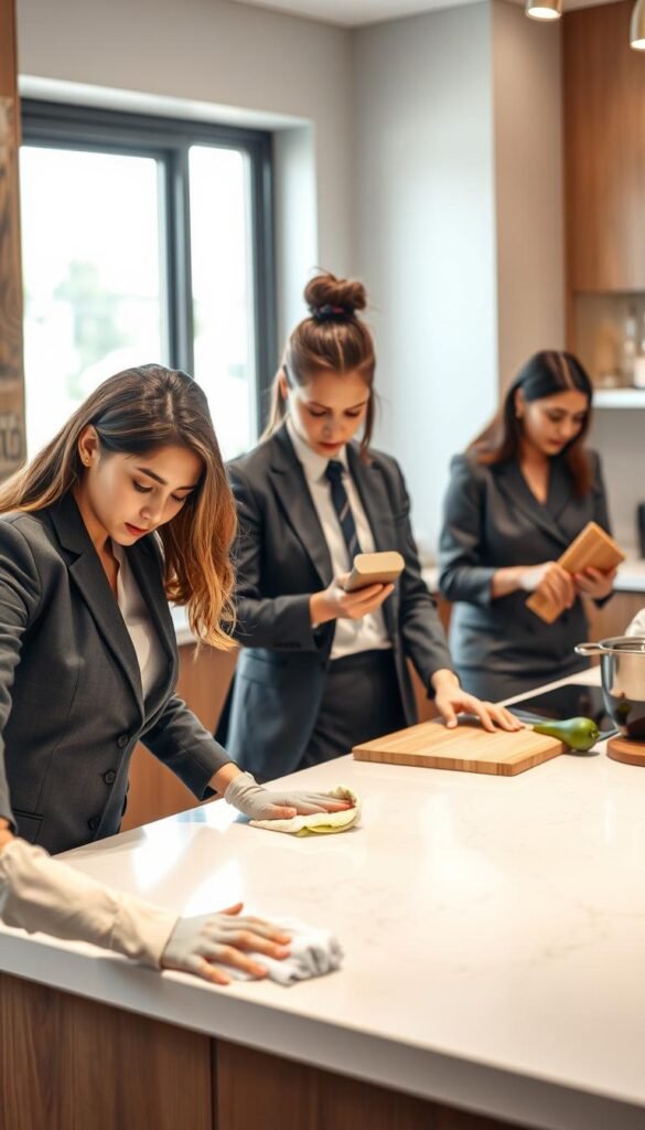 A well-lit kitchen scene featuring a diverse group of individuals in professional business attire engaged in the “Clean-As-You-Go” method. In the foreground, a focused person is cleaning a countertop with a cloth, showcasing a gleaming surface. In the middle, another individual organizes kitchen utensils and wipes down a cutting board, emphasizing the importance of maintaining a tidy workspace. The background includes modern kitchen appliances and a large window letting in soft, natural light, creating a warm and inviting atmosphere. The image captures the essence of teamwork and efficiency, illustrating the benefits of cleanliness in a culinary environment. The overall mood is productive and organized, highlighting the effectiveness of this method in preventing clutter and enhancing workflow.