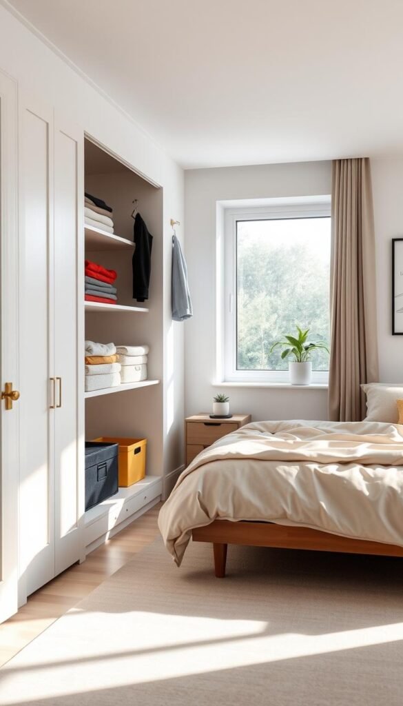 A well-organized and inviting bedroom showcasing a decluttered closet as the focal point. In the foreground, a neatly arranged closet with visible shelves displaying folded clothes, color-coded storage bins, and a few hanging garments, all in a minimalist style. The middle ground features a comfortable bed with a simple, elegant duvet and a bedside table with a small potted plant, contributing to a serene atmosphere. In the background, a soft ambient light filters through a large window, illuminating the space and casting gentle shadows. The overall mood is calm and refreshing, suggesting an effortless approach to organization. The scene is captured at eye level with a slight wide-angle lens to encompass the entire room, emphasizing cleanliness and simplicity. A well-organized and inviting bedroom showcasing a decluttered closet as the focal point. In the foreground, a neatly arranged closet with visible shelves displaying folded clothes, color-coded storage bins, and a few hanging garments, all in a minimalist style. The middle ground features a comfortable bed with a simple, elegant duvet and a bedside table with a small potted plant, contributing to a serene atmosphere. In the background, a soft ambient light filters through a large window, illuminating the space and casting gentle shadows. The overall mood is calm and refreshing, suggesting an effortless approach to organization. The scene is captured at eye level with a slight wide-angle lens to encompass the entire room, emphasizing cleanliness and simplicity.