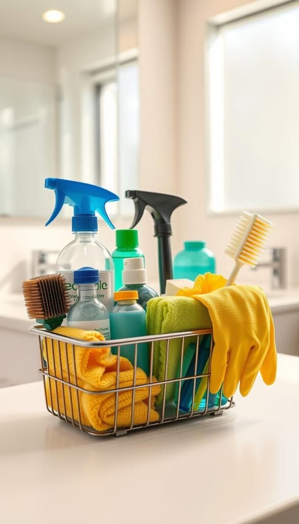 A well-organized bathroom cleaning caddy, placed prominently in the foreground. The caddy features various cleaning supplies, including bottles of eco-friendly cleaners, sponges, brushes, a microfiber cloth, and rubber gloves, all neatly arranged. In the middle ground, a clean, well-lit bathroom setting showcases a sparkling sink and shiny mirrors, enhancing the sense of cleanliness. The background exhibits soft, natural light filtering through a frosted window, creating a fresh and inviting atmosphere. Capture the scene from a slightly elevated angle to emphasize the caddy’s contents, while maintaining a warm and bright color palette to evoke a sense of efficiency and readiness for a quick cleaning routine. No text or watermarks are included. A well-organized bathroom cleaning caddy, placed prominently in the foreground. The caddy features various cleaning supplies, including bottles of eco-friendly cleaners, sponges, brushes, a microfiber cloth, and rubber gloves, all neatly arranged. In the middle ground, a clean, well-lit bathroom setting showcases a sparkling sink and shiny mirrors, enhancing the sense of cleanliness. The background exhibits soft, natural light filtering through a frosted window, creating a fresh and inviting atmosphere. Capture the scene from a slightly elevated angle to emphasize the caddy’s contents, while maintaining a warm and bright color palette to evoke a sense of efficiency and readiness for a quick cleaning routine. No text or watermarks are included.