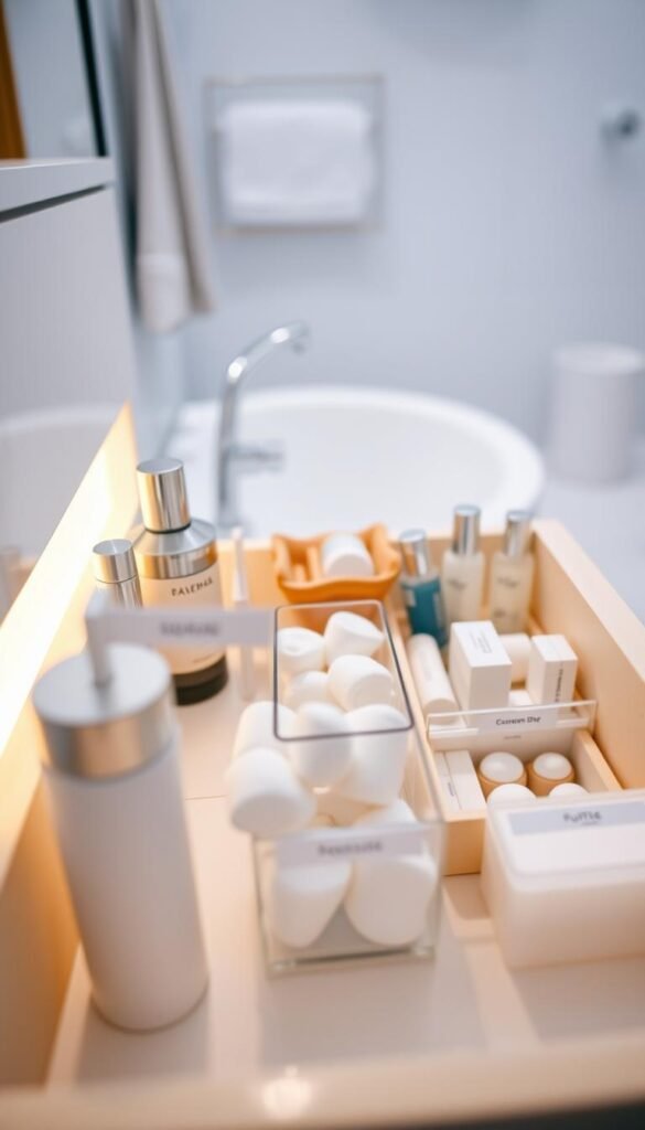 A well-organized bathroom drawer displayed in a minimalist style. In the foreground, neatly arranged items include skincare products, a toothbrush holder, cotton pads in a clear container, and labeled compartments for various toiletries. The middle ground features an open drawer with soft, warm lighting illuminating the products, creating an inviting atmosphere. A wooden or bamboo organizer adds a touch of natural elegance. In the background, a soft-focus bathroom setting with subtle colors like pale blue or white enhances the clean and serene mood. The angle is slightly downward, emphasizing the organized items while maintaining clarity. The overall vibe is calm, tidy, and functional, perfect for showcasing effective bathroom drawer organization routines. A well-organized bathroom drawer displayed in a minimalist style. In the foreground, neatly arranged items include skincare products, a toothbrush holder, cotton pads in a clear container, and labeled compartments for various toiletries. The middle ground features an open drawer with soft, warm lighting illuminating the products, creating an inviting atmosphere. A wooden or bamboo organizer adds a touch of natural elegance. In the background, a soft-focus bathroom setting with subtle colors like pale blue or white enhances the clean and serene mood. The angle is slightly downward, emphasizing the organized items while maintaining clarity. The overall vibe is calm, tidy, and functional, perfect for showcasing effective bathroom drawer organization routines.