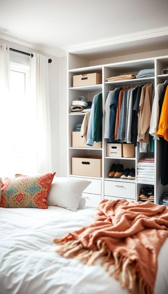 A well-organized, bright closet interior showcasing a minimalist aesthetic, where clothes are neatly hung and folded. In the foreground, there is a neatly made bed with colorful throw pillows and a cozy blanket draped carelessly, suggestive of a relaxed, decluttering process. The middle section features shelves displaying neatly arranged boxes labeled for easy sorting—shoes, accessories, and seasonal items. In the background, soft natural light filters through a nearby window, illuminating the space and creating a calming glow. The atmosphere is inviting and inspiring, encouraging viewers to envision a quick, effective decluttering method. A wide-angle perspective captures the entirety of the closet space, emphasizing organization while maintaining an engaging and soothing vibe. A well-organized, bright closet interior showcasing a minimalist aesthetic, where clothes are neatly hung and folded. In the foreground, there is a neatly made bed with colorful throw pillows and a cozy blanket draped carelessly, suggestive of a relaxed, decluttering process. The middle section features shelves displaying neatly arranged boxes labeled for easy sorting—shoes, accessories, and seasonal items. In the background, soft natural light filters through a nearby window, illuminating the space and creating a calming glow. The atmosphere is inviting and inspiring, encouraging viewers to envision a quick, effective decluttering method. A wide-angle perspective captures the entirety of the closet space, emphasizing organization while maintaining an engaging and soothing vibe.