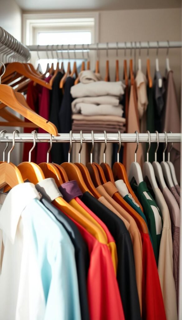 A well-organized closet featuring a varied selection of hangers, such as wooden, velvet, and plastic options, neatly arranged. In the foreground, focus on a cluster of hangers displaying colorful shirts and blouses, showcasing different styles and fabrics. The middle ground includes a neatly organized row of hangers with elegantly folded garments, emphasizing cleanliness and organization. The background subtly shows a closed closet door, hinting at a well-maintained space. Natural soft lighting streams in from a nearby window, creating a warm and inviting atmosphere. Capture the scene from a slightly elevated angle, providing a comprehensive view of the closet organization while maintaining a clean and uncluttered aesthetic. The overall mood should convey simplicity and functionality, ideal for beginners aiming to organize their closets effectively.